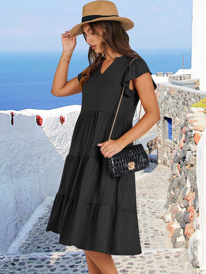 Womens Summer Dress Ruffle Sleeve V Neck Midi Dresses Fashion Casual Fit Flowy Tiered Boho Beach Vacation Sundress