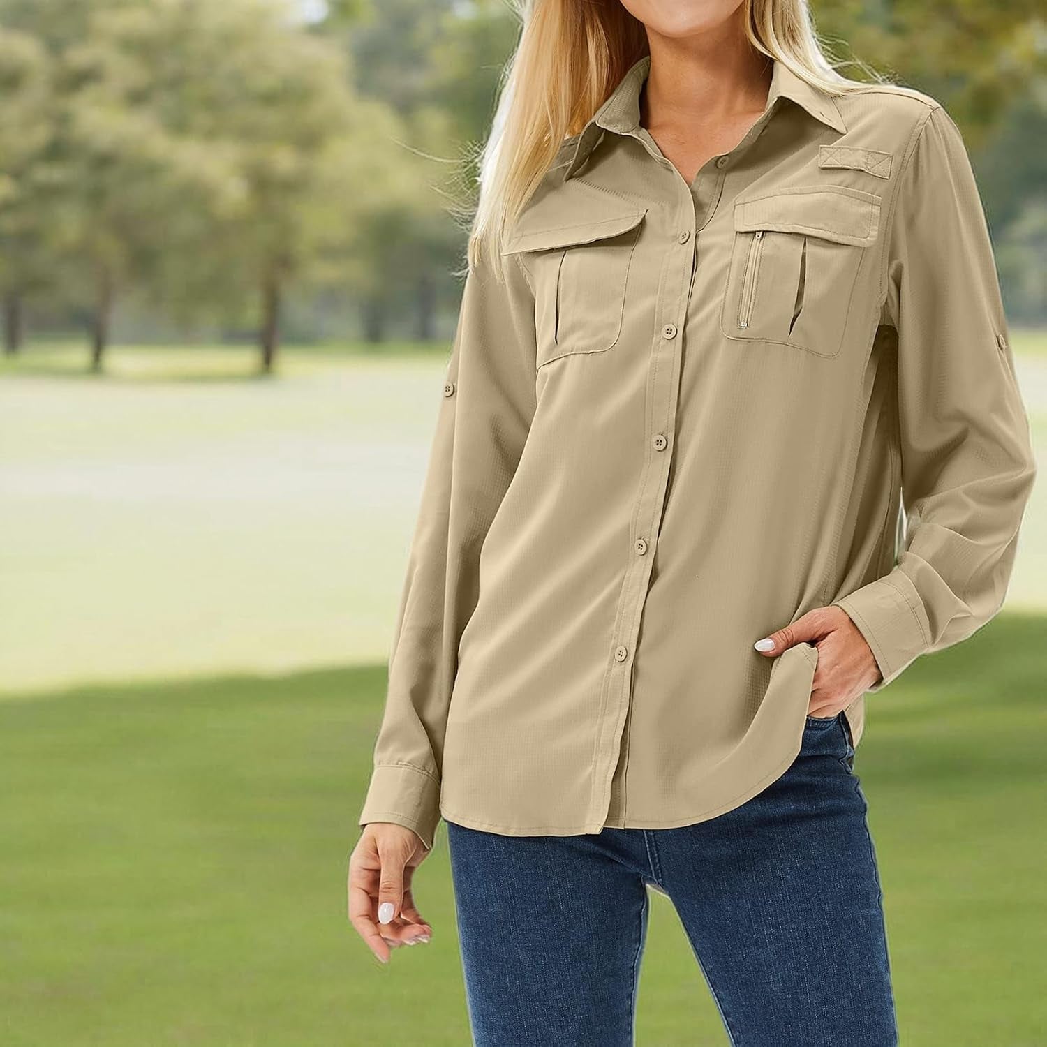 Women'S UPF 50 Long Sleeve UV Sun Protection Safari Shirts Outdoor Quick Dry Fishing Hiking Travel Shirts