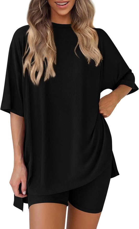 Women'S Two Piece Lounge Set 2025 Summer Casual Oversized Shirts Biker Shorts Matching Airport Travel Outfit