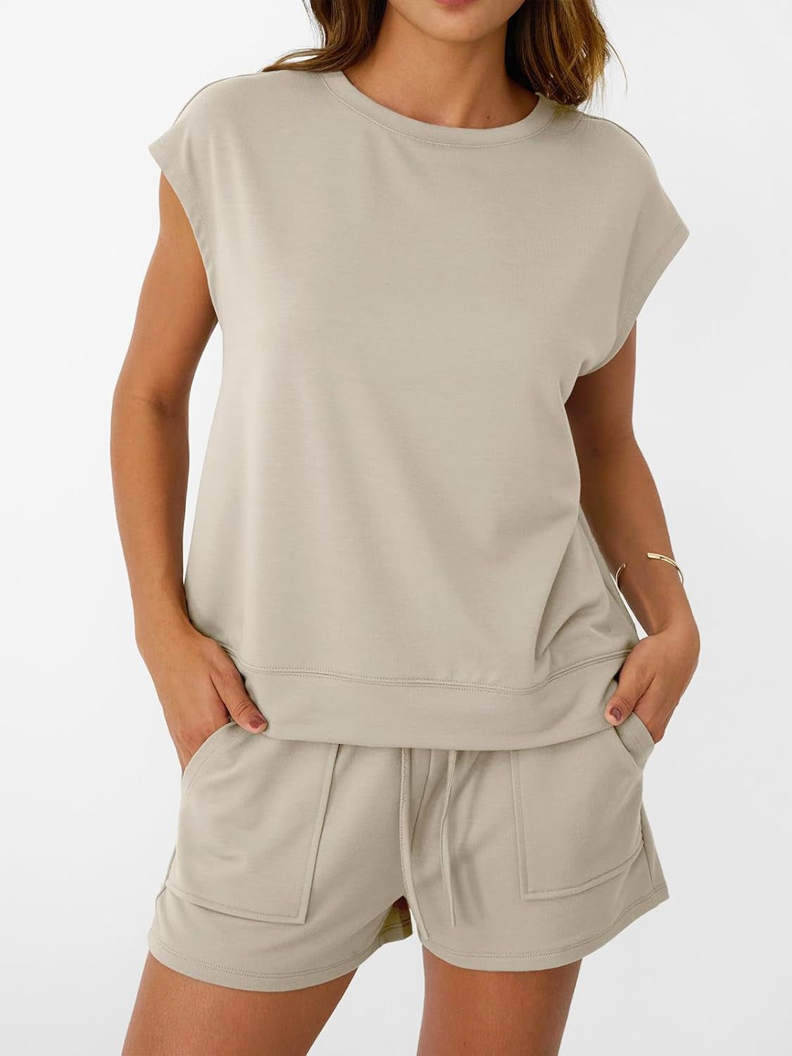 Womens Crew Neck Two Piece Short Sets Cap Sleeve Drawstring Summer Sweatsuit with Pocket