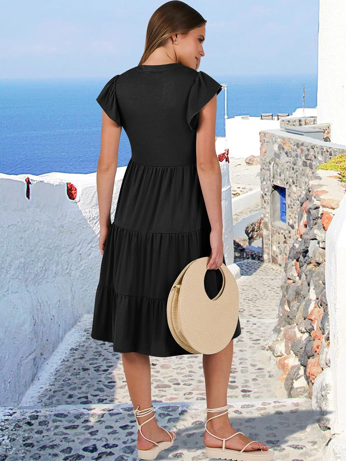 Womens Summer Dress Ruffle Sleeve V Neck Midi Dresses Fashion Casual Fit Flowy Tiered Boho Beach Vacation Sundress