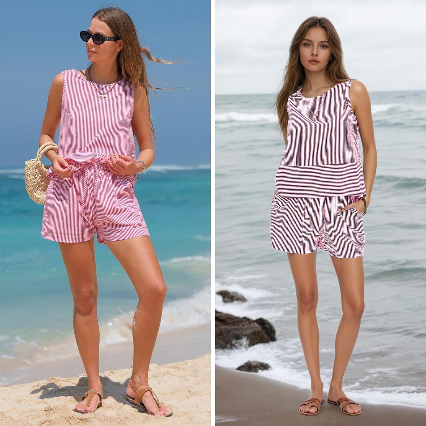 Women'S Summer 2 Piece Outfits Sleeveless Tank Top Matching Shorts Sets Cotton Striped Sweatsuits Vacation Beach 2025