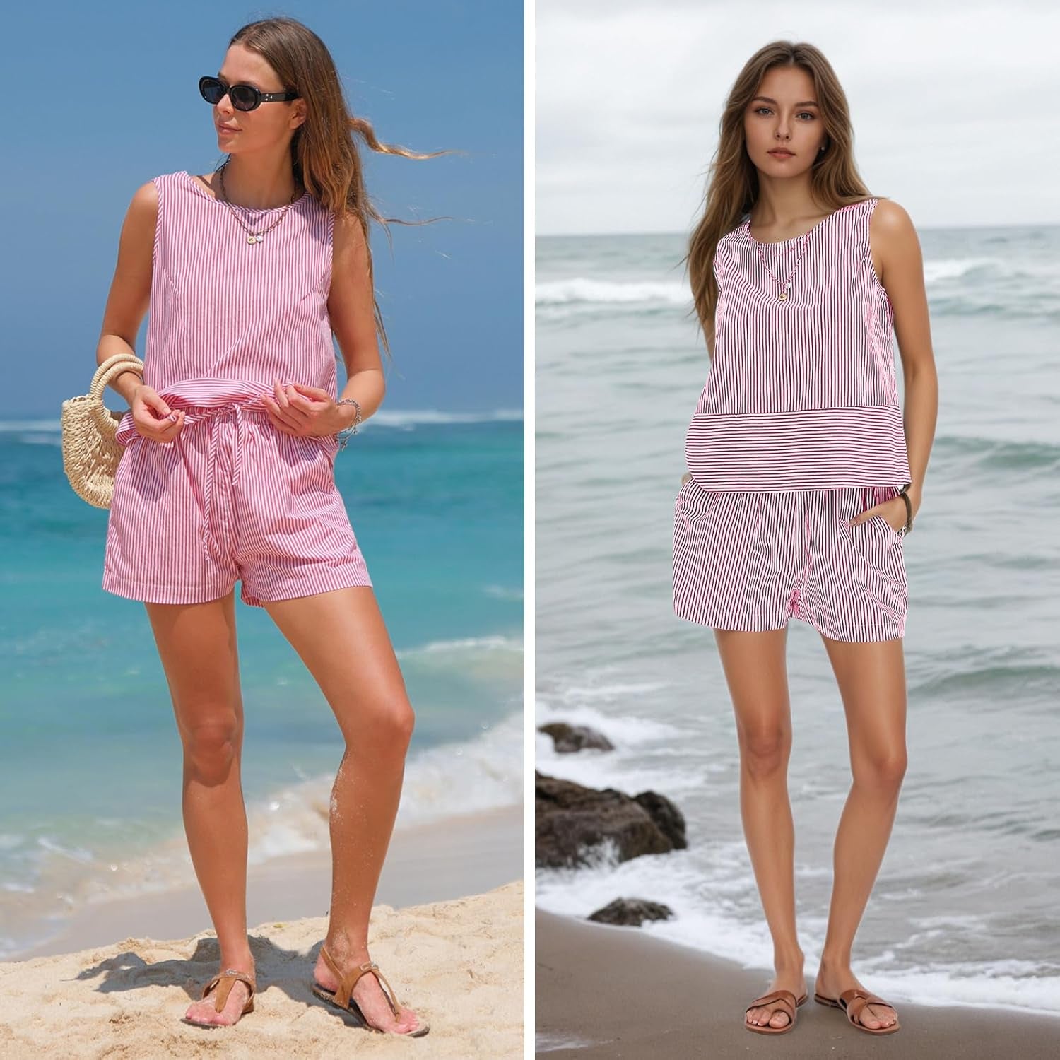 Women'S Summer 2 Piece Outfits Sleeveless Tank Top Matching Shorts Sets Cotton Striped Sweatsuits Vacation Beach 2025