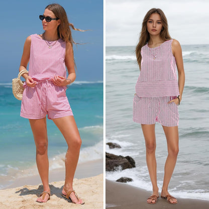 Women'S Summer 2 Piece Outfits Sleeveless Tank Top Matching Shorts Sets Cotton Striped Sweatsuits Vacation Beach 2025