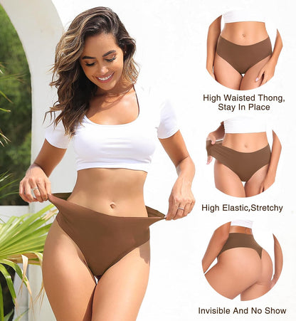 Womens Underwear High Waisted Seamless Thongs for Women Breathable No Show Panties for Ladies 6 Pack