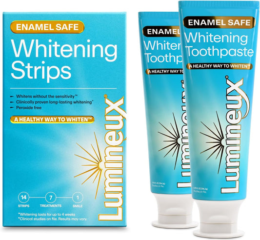 Whitening Starter Set – Peroxide Free - Enamel Safe for Whiter Teeth – Includes 7 Whitening Treatments & 2 Pack Whitening Toothpaste, Fluoride Free & Dentist Formulated
