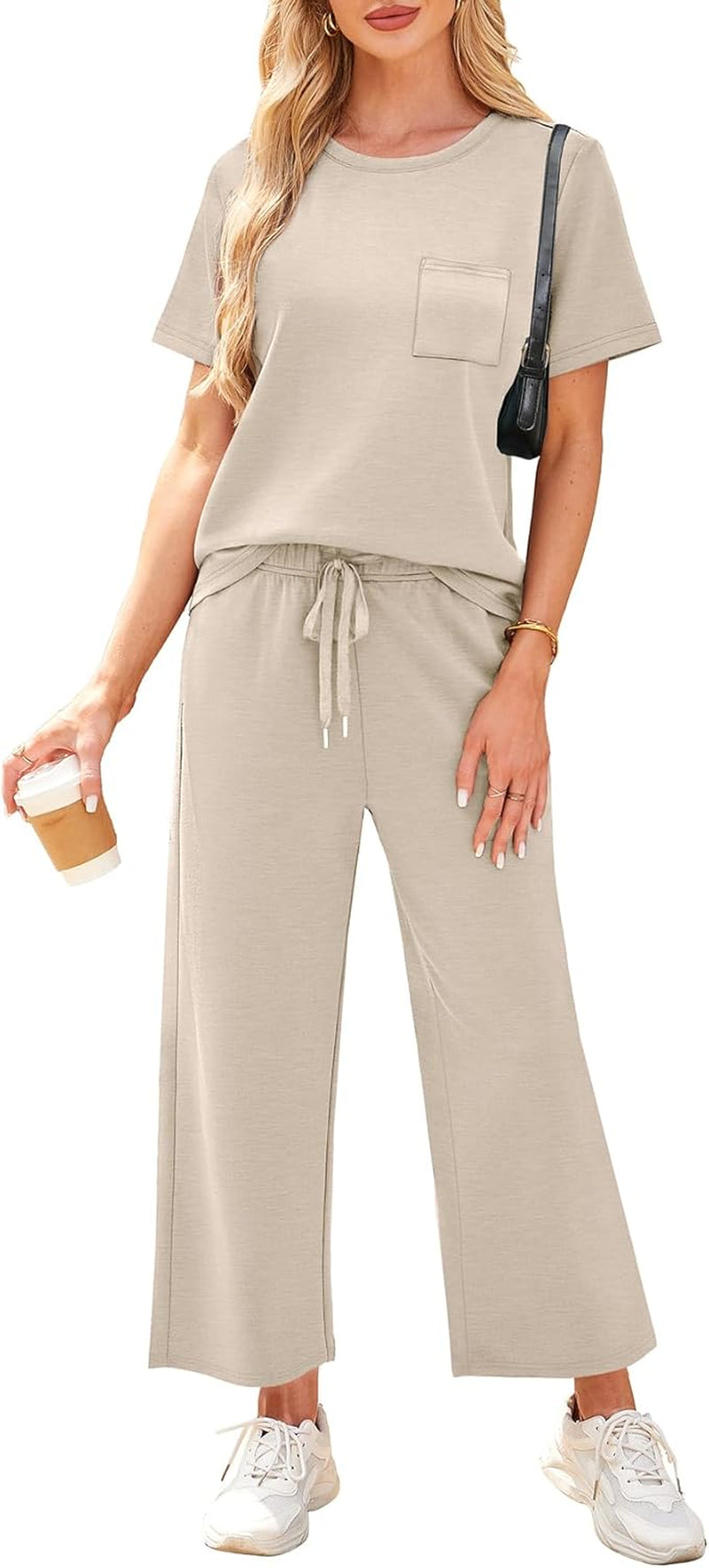 2 Piece Sets for Women Casual Summer Travel Vacation Outfits Short Sleeve Wide Leg Crop Pants Lounge Sets