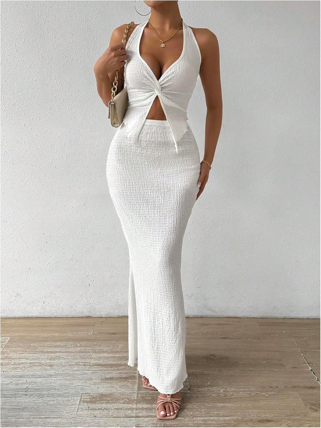 Women'S Two Piece Outfits Twist Front Halter Cami Tops and Skirt Summer Set