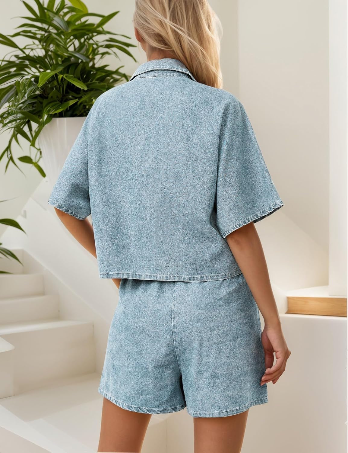 Womens 2 Piece Outfits Summer Denim Sets Short Sleeve Button down Crop Jean Shirts High Waist Denim Shorts Sets